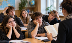 Zmatení studenti v české školní třídě poslouchají učitelku s otevřenou knihou