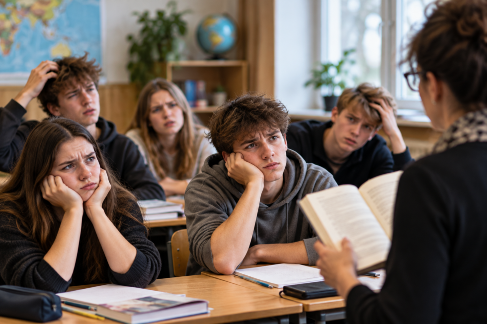 Zmatení studenti v české školní třídě poslouchají učitelku s otevřenou knihou